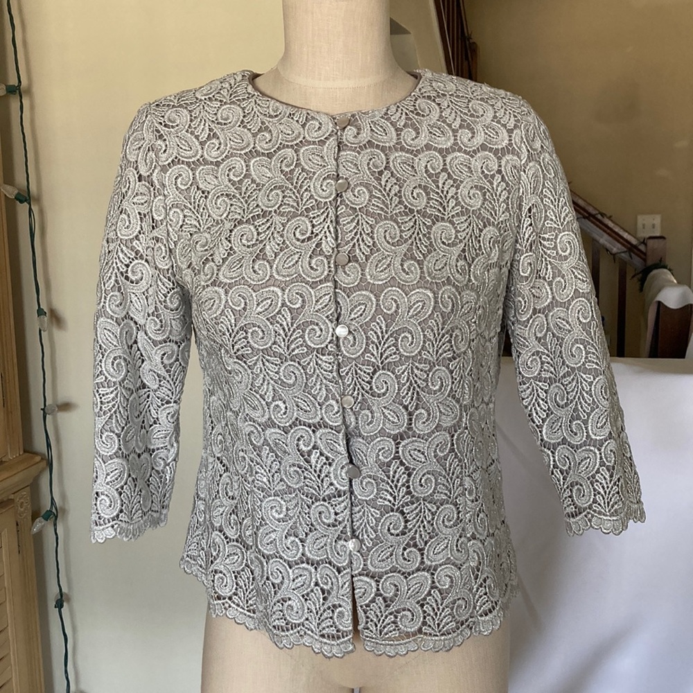 Talbots silver lace dressy jacket, Sz 10P
